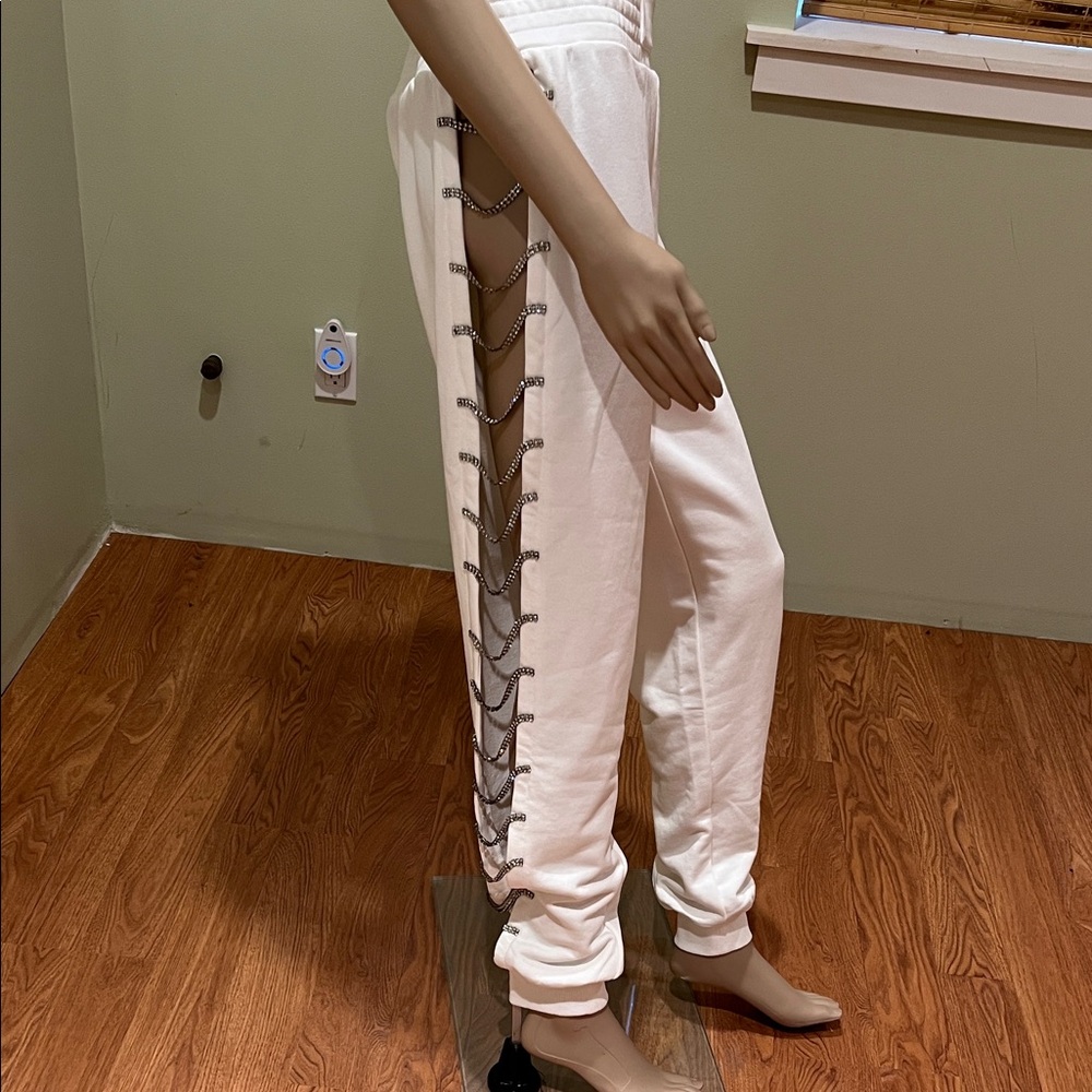 Akira Women's White Jogger Pants With Rhinestone Cut Out L